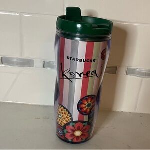 Starbucks Korea travel mug with green lid.  EUC!  Colorful stripes / circles